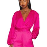 Lovers + Friends Hot Pink Megan Crepe Satin Surplice Blouson Sleeves Bodysuit Photo 0