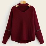 SheIn Maroon Open Knit Choker Neck Sweater With Zippers Photo 5