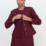 Hill House NWT Burgundy Valentina Tweed Jacket with Gold Buttons Old Money - Med Photo 0