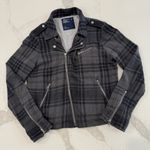 American Eagle Y2K Asymmetrical Plaid Moto Full Zip Jacket Women’s Large Gray Photo 0