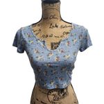 Papaya Floral Crop Top Ribbed V-Neck Short Sleeve Casual Blue Size S Photo 0