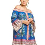 Umgee  Scarf Print Knee Length Dress Size Large Bohemian Multicolor Off Shoulder Photo 0