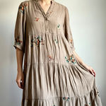 Fig + Flower Floral Embroidered Tan Dress Size M Photo 0