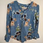 Loft Popover Blouse Light Blue Metallic Floral Photo 1