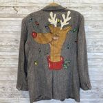 Vintage One‎ Of A Kind Christmas Womens XXL Wool Coat Hand Painted Rudolf Lights Gray Photo 10