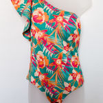 NWT Maree Maree One Shoulder Floral Print Ruffle Swimsuit US 6 Tropical Resort Green Photo 0