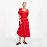 Madewell Smocked Puff Sleeve Midi Dress in Poplin in Cerise Size: S, NWT Photo 1