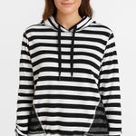 Black & White Striped Cowl Neck Pullover Top Roll Tab Sleeve Mesh Large Black Photo 0