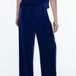 ZARA  Blue Velvet Velour High Waist Wide Flared Leg Crop Ankle Trousers Pants S Photo 2