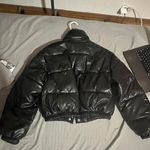 faux leather bomber puffer jacket Black Photo 2