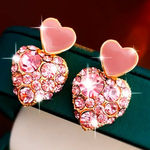 Pink Double Heart Crystal Earrings Enamel Top Heart Sparkling Drops NWT Photo 0