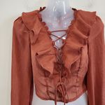 Milk & Honey Glitter Lace Up Ruffle Peasant Blouse Rust Red Side Zip Size Small Brown Photo 5