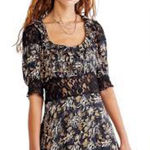Free People Floral Mini Dress Lace Trim Puff Sleeve Tie Back Black Gold 4 Photo 0