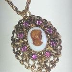 Vintage Gold Tone Brass Tone Purple Rhinestone Cameo Filigree Pendant Necklace Photo 0