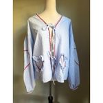 Gingham Tie Front Top Blouse Ruffle Pockets and Red‎ Ric Rac Trim hearts medium Blue Photo 0