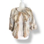 Vintage Rabbit Fur Jacket Cream Cropped Three Quarter Sleeve Leopard Lining Gray Photo 2
