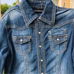 CHI QLE Women Long Sleeve Collared Pearl Snap Button Down Blue Denim Shirt Small Photo 1