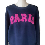 EXPRESS NWT  Navy Blue  “PARIS” Sweater Pink Fuzzy Letters Cozy Knit Pullover L Photo 0