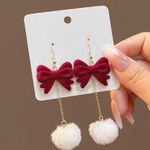 Vintage Red Bowknot Pom Pom Ball Earrings Photo 0
