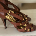 BCBG leather‎ heeled sandals. Size 9.5. 4” heels. Silver Photo 0