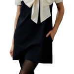 Maeve Anthropologie Bow Front Mini Dress Black White NWT Medium Petite Photo 0