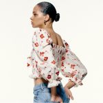 ZARA  Floral Print Linen Blend Square Neck Puff Sleeve Cropped Blouse Size S Photo 1