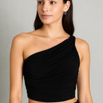 Norma Kamali  Diana Crop Top‎ S Black One Shoulder Ruched Asymmetrical Draped Photo 0