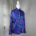 Vintage ‘80s Royal Blue Floral Print Collared Long Sleeve Button Down Blouse Photo 4