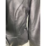 White House | Black Market WHBM Black Genuine Leather Jacket Ruffle Collar Front Seam Detail Women Medium Photo 2