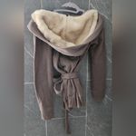 Gap NWT Taupe Faux Fur Hood Sweater Wrap Robe Tie Ribbed Trim Comfy Cozy Size XS Photo 1