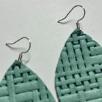 Handmade  Lightweight Genuine Leather Teal Weave Woven Teardrop Earrings Photo 2