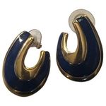 80s Gold & Navy Enamel Retro Vintage Earrings Pierced Ears Blue Photo 0