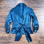 Tadashi Shoji TADASHI • Stretch Taffeta Blouse teal blue ruched sleeve tie waist wing collar Photo 0