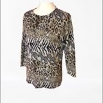 Vintage Safari Knit Top | Zebra Leopard Animal Print Long Sleeve Tan Size M Photo 1