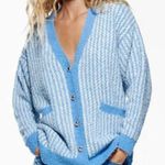 ZARA Blue Chunky Oversized Tweed Striped Button Cardigan Sweater Size S Photo 0