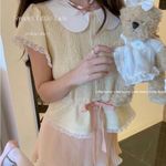 Pastel Yellow Japanese Kawaii Ballet Cottage Pink Ribbon Button Down Shirt Top Photo 4