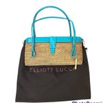 Elliott Lucca Turquoise green leather trim straw rattan woven stiff basket bag Photo 0