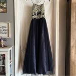 Blondie Nites Gown Juniors Size 9 Navy Long Mesh Gown Corset Style Gold Prom Photo 4
