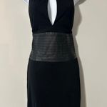 BCBGMAXAZRIA Black Halter Neck Cutout Sheath Dress Faux Leather Waist Size 6 Photo 0