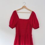 Madewell NEW Smocked Puff Sleeve Midi Dress in Poplin Cerise Red Photo 9
