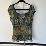 Y2K Babydoll Paisley Top Office Siren Green Blue Adjustable Sheer Sleeve Medium Black Photo 2