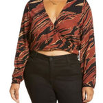 BP Womens Brown Burnout Tiger Stripe V Neck Surplice Wrap Crop Top Size 3X NWT Photo 0