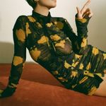 Richard Quinn Dress Floral Rose Ruched Sheer Mesh Shirtdress Black Size 6 Photo 0