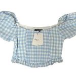 O.P.T. Medium Blue Gingham Short Puff Sleeve Crop Top Pleated Ruffle Square Neck Photo 0