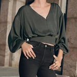 Anthropologie By  Tie-Waist Blouse Moss Green - Small petite Photo 0