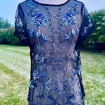 White House | Black Market Black Mesh and Blue Floral Embroidered Short Sleeve Top Photo 0