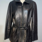 Andrew Marc  black leather belted jacket coat with zipper woman size large Photo 0