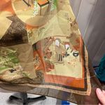 Beautiful vintage sheer silky Asian life theme earth tones scarf 27” x 27” Green Photo 10