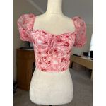 SheIn Floral Print Knot Front Pink Crop Blouse Puffy Sleeve Size L Sheer Sleeve Photo 4