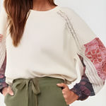 Forever 21  Womens Boho Artsy Waffle Knit Lace‎ Crochet Balloon Sleeve Top Size S Photo 0